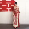 Etnische kleding Traditionele dames rood satijn pailletten Kralen trouwjurk Retro Chinese stijl Trouwen Phoenix borduurwerk Cheongsam