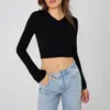 Damen-T-Shirts, Herbst-Frauen-Strick-Crop-Tops, lässig, Basic, einfarbig/Streifen-Druck, langärmelig, V-Ausschnitt, T-Shirts, abgeschnittener Pullover, Pullover