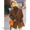 Women's Trench Coats Polo Collar Belt Short Wool Coat Versatile Caramel Black