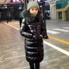 Hotsell -30 graden Russische koude winter meisjes lange glanzende eendendons jassen kinderen sneeuwkleding parka dikke capuchon jassen met grote bontkraag 20110