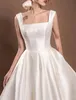 Elegante pequeno branco curto vestido de casamento quadrado pescoço cintas tornozelo comprimento cetim com arco vestidos de festa de noiva