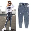 Jeans Jeans Jeans High Jeans de Jeans Jeans Jeans Elastic Slim Fit para Pernas Longas de Estilo Estrangeiro 3-13 Pontas de Meninas Roupas 230406