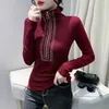 Mulheres Camisetas Outono Inverno Roupas Europeias Lã Girando T-shirt Chic Sexy Zipper Diamantes Brilhantes Tops Bottoming Camisa Elástica Tees 006