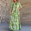 Robes décontractées Mode Bohème Modèle Pull Maxi Robe Vintage 3/4 Manches Plissée Plage 2023 Lady Imprimer Lâche Longue