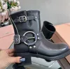 Miui Buckle Chunky Belt Heel Boot Womens Marted Cowhide Leather Biker Middle Ankle Boots Knight Vintage Western Booties Black Brown Top Designer Shoes
