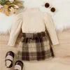 Conjuntos de roupas criança menina outono roupas conjunto bebê sólido manga longa gola alta impressão a-line saia com cinto crianças outfit r231106