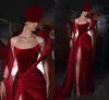 Unique Burgundy Plus Size Mermaid Prom Dresses Strapless Pleats Velevt Draped High Side Split Formal Wear Birthday Pageant Special Occasions Evening Party Gowns