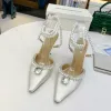 İnci Kristal Düzenli Satin Slingback Sandalet Pompaları Elbise Bors Dekorasyon Rhinestone Ayakkabı Stiletto Topuk Ayak Bileği Bağlayıcı Tasarımcılar Ayakkabı Fabrika Ayakkabı