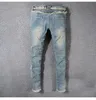 Men's Jeans Vintage Washed Denim Fringe Biker For Moto Fashion Slim Fit Straight Patchwork Pants Big Tall Trousers 8818Men's