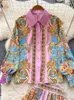 Damska odzież snu lato elegancki garnitur piżamowy puff rękawa koralika koszulka lapowa top kwiatowe spódnice 2 -częściowy zestaw do domu