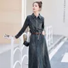 2023 Autumn New Solid Long Sleeve Wrap Hip Ethnic Style Mid Length Fashion Polo Neck denim Dress