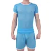 Herren T-Shirts Herren Kleidung Set Sexy Durchsichtige Kurzarm Lässige Oberteile Mesh Atmungsaktive Lose Shorts Schlafunterteile Pyjamas