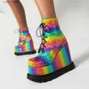 Botas novas senhoras goth plataforma tornozelo botas moda impressão bat colorido cunhas de salto alto botas femininas festa rua mulher sapatos t231106