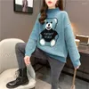 Maglioni da donna Vino rosso Orso Cartone animato Simpatico gilet da studente Pullover Maglione a collo alto Donna Ragazza Tirare il cappotto esterno in tessuto sottile