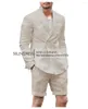 Men's Suits Beige Homme Men Linen Costume Double Breasted Blazer Wedding Prom Groom Jacket Pants 2 PCS Tuxedo Slim Fit Terno Masculino