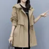 Women's Trench Coats Spring and Autumn 2023 Midlength Coat Hooded Zipper Tiein Jackets British Style Loose Coat's Clothing 230404