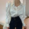 Kvinnors blusar 2023 Löst siden Satin Womens Tops Shirts Button Up Puff Sleeve Office Solid Shirt Women White Blue Blusas Mujer