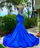 Vestidos de baile de sereia africana espetacular de sereia longa, vestidos de noite azul royal cetim para vestidos de festas de garotas negras, vestido de noite de concurso para o pescoço de pescoço de pescoço