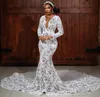 2023 November Arabisch Aso Ebi Plus Size Kant Zeemeermin Witte Trouwjurk Kralen See Through Bruidsjurken Jurken ZJ222