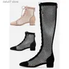 Stiefel Chic Mesh Patchwork Wildleder Crosstie Sommer Kniestiefel Chunky Heel Square Toe Frau Gladiator Fishnet Lace-Up Hollow Out Botas T231106