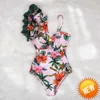 Один купальный купальник 2023 New Ruffle Swimwear Женщины тропический принт купальный костюм пляжная одежда одно плечо монокини плавать