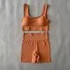 Trajes de yoga Mujeres Ropa deportiva Conjunto sin costuras Sexy Cuello cuadrado Sujetador deportivo Tops Trajes con pantalones cortos Gimnasio Ropa deportiva Sin mangas Chándal 230406