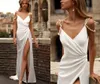 Sexy Long Wedding Dress V-Neck Pearls Satin Bride 2024 High Split Backless Bridal Party Gowns Summer Robe De Mariee Custom Made