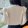Blusas femininas moda babados blusa feminina com renda gola outono miçangas manga longa camisas femininas soltas crochê camisa vintage