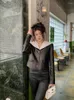 Giacca da donna in pelle 2023 primavera autunno temperamento moda nero bianco contrasto colletto blu scuro giacca di pelle di pecora con risvolto largo