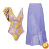 One-Shoulder-Rüschen-Blumendruck-Bikini-Set-Badeanzug-Rock-weibliche reizvolle dünne einteilige tiefe V-rückenfreie Badebekleidungs-Badeanzüge