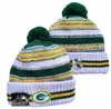 Homens de malha com punhos pom verde gorros bay gb bobble chapéus esporte chapéu de malha listrado lã lateral quente gorros de beisebol boné para mulher a6