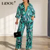 Damenblusen Frühling Herbst Mode Druck Taille Bluse Weites Bein Hosen Zweiteiliges Set Lose Lässig Langarm Hemd Hose Anzug