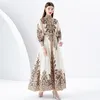 Vintage Stand Collar Boho Maxi Dress Women Designer Long Sleeve Paisley Floral Slim Bow Lace Up Waist Elegant Party Dresses 2023 Spring Autumn Chic Vacation Frocks