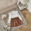 Clothing Sets Listenwind 1-6Y Kids Girls Casual Suit Solid Color Long Sleeve Fluffy Hair Knitted Tops Short Skirt With Belt Clothes