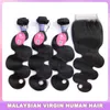 Virgin av jungfruliga hårbuntar med högsta kvalitet med stängning av malaysisk kroppsvågbunt med spetsstängning Rå hårvävförlängningar 3 eller 4 buntar drottning hårprodukter