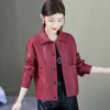 Women's Leather Red Wine Turn Down Collar Jacket Women PU Coat Korean Slimming Fashion Versatile Short Motorcycle Clothes