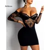 Casual Dresses Women Lace Patchwork Sexy Hollow Out Bodycon Long Sleeve Deep V-Neck Evening Party Club Short Mini Dress