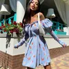 Casual Dresses Winter Cottagecore Dress 2023 Off Shoulder Strapless A-Line Print Autumn Long Sleeves Bohemian Style Pink Green Sundress