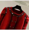 Damen-Strickpullover mit Diamant-Perlen, zweireihiger Strickjacke, koreanischer Stil, kurzer, krawattengefärbter, gestreifter, gewellter Rand-Langarmmantel