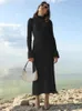 Casual Dresses Women Half High Collar Rib Knitted Sweater Dress Long Flare Sleeve Slim Fit Maxi 2023 Elegant Fall Fashion Robes