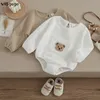 Rompers VISgogo Baby Spring Fall Romper Cute Bear Embroidery Long Sleeve Front Pocket Jumpsuit Girl Boys Casual Clothes 230406