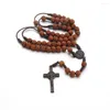 Chaînes 6 MM Rose Ronde Perles En Bois Long Collier Chaîne Croix Jésus Chapelet Pendentif Pour Hommes Femme Religieux Bijoux Cadeau Accessoire