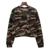 Rennjacken Lässiges Fleece-Sweatshirt mit Rundhalsausschnitt für Damen, Camouflage-Print, Bauchnabel-T-Shirt, Nachahmung, alter Pullover, Langarm-Oberteil