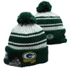 Homens de malha com punhos pom verde gorros bay gb bobble chapéus esporte chapéu de malha listrado lã lateral quente gorros de beisebol boné para mulher a14