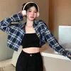 Women's Blouses Shirts Korea Style Casual Plaid Turndown Collar FallSpring Girly Long Sleeve Loose Fit Versatile Cropped Blouse 230404