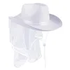 Berets White Tiaras Bridal Cowgirl Hat z welonem dla Bachelorette i Party Summer Beach