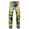 Pantalones vaqueros rasgados pintados de amarillo para Retro Azul, pantalones vaqueros elásticos ajustados para hombre, ropa de calle informal recta Punk de cintura media para otoño