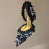 الدانتيل H High Heels Slingbacks Fashion Women 9.5cm كعب المصمم أحذية كلاسيكية ساتان كريستال القوس الديكور مدبب الزفاف