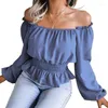 Mulheres camisetas Mulheres Puff Manga Longa Fora Do Ombro Simples Cor Sólida Fit Ruffle Peplum Blusa Shirred Cintura Plissada Top Dropship