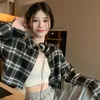 Women's Blouses Shirts Korea Style Casual Plaid Turndown Collar FallSpring Girly Long Sleeve Loose Fit Versatile Cropped Blouse 230404